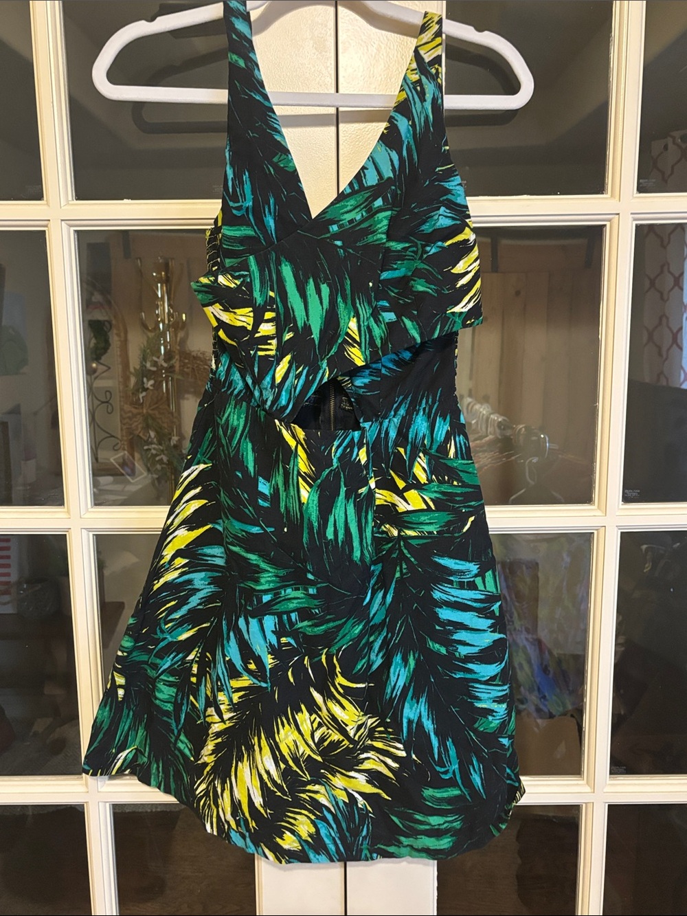 Jessica Simpson Tropical V-Neck Mini Dress in Green, Teal & Yellow